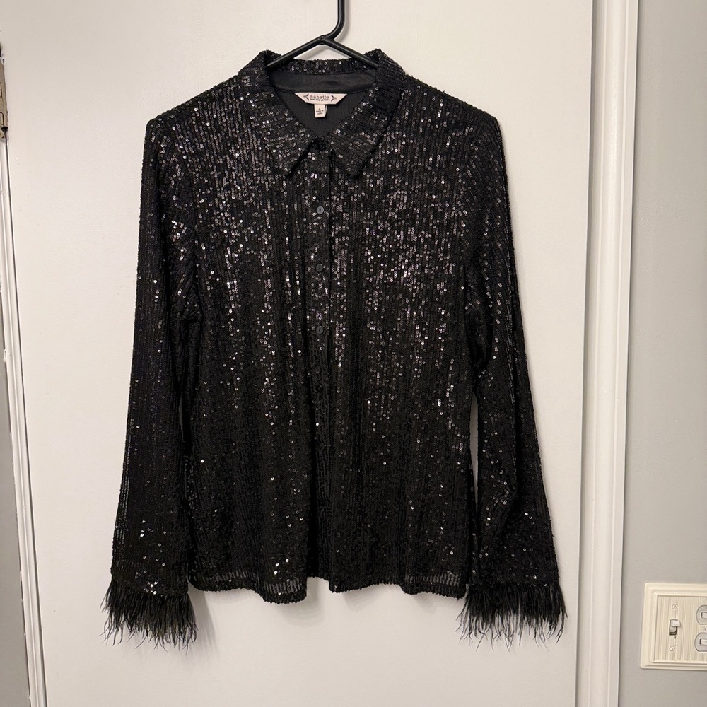 Nanette Lepore Black Sequin Button Down Shirt